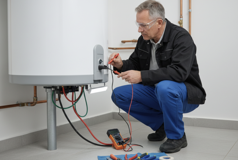 Un électricien expérimenté inspectant les branchements électriques sous un chauffe-eau avec un multimètre, outils de dépannage au sol, représentant une intervention professionnelle.