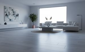 Un salon moderne avec un sol en carrelage imitation parquet de haute qualité, l'éclairage suggérant une ambiance élégante mais potentiellement froide.