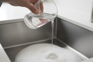 Gros plan sur une main versant du vinaigre blanc dans un évier de cuisine en inox, provoquant une réaction moussante avec du bicarbonate de soude pour déboucher l'evier de la cuisine