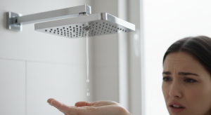 Pommeau de douche moderne d'où sort un faible filet d'eau chaude, illustrant le problème d'une pression d'eau chaude basse dans la salle de bain.