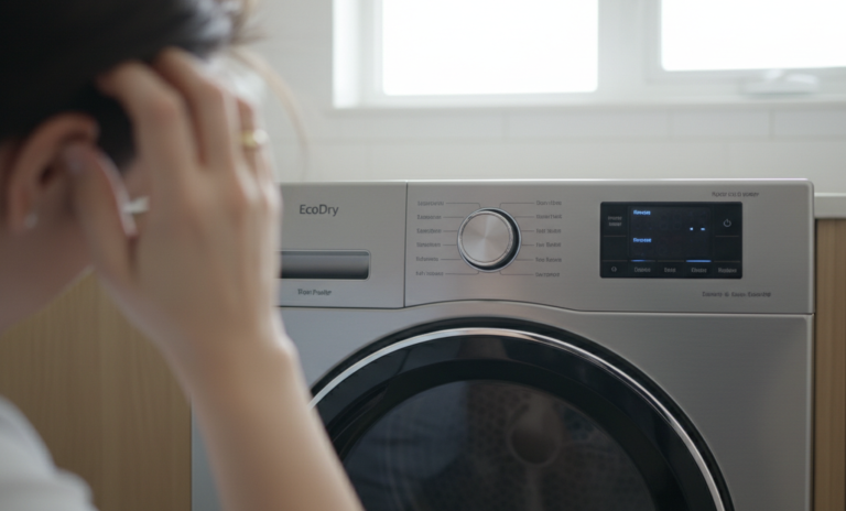 Une personne se tient devant un sèche-linge pompe à chaleur moderne, la main sur la tête, semblant réfléchir à un inconvénient ou à la décision d'achat.
