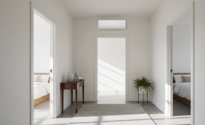 Installation d'une climatisation split au mur dans un couloir desservant plusieurs chambres.