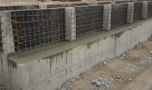 Vue réaliste d'une fondation solide et profonde pour mur de soutènement de 2m de haut, avec ferraillage apparent, avant le coulage complet du béton.