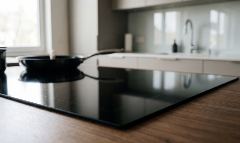 Plaque à induction moderne installée sur un plan de travail en bois dans une cuisine équipée.