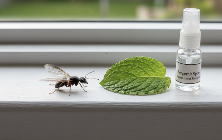 Une fourmi volante sur le rebord d'une fenêtre, à côté d'une feuille de menthe et d'un vaporisateur, symbolisant les remèdes de grand-mère.