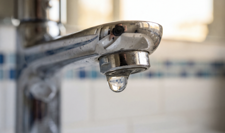 Gros plan sur une goutte d'eau tombant d'un robinet qui coule après fermeture.