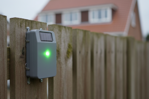 Boîtier émetteur d'ultrasons fixé sur une clôture de jardin séparant deux voisinage.