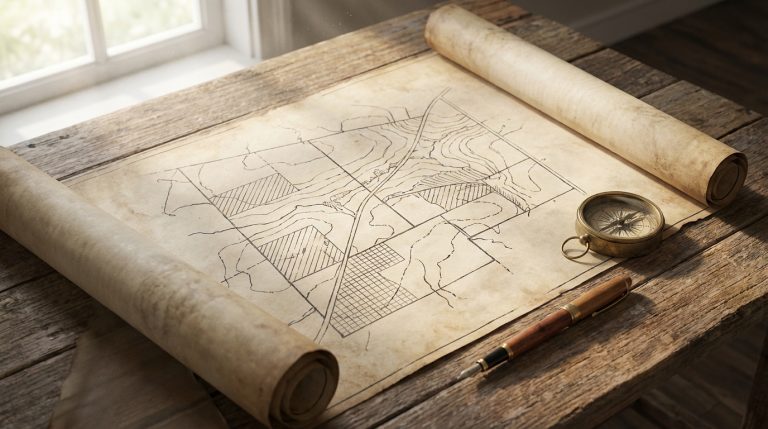 Vieux plan de bornage sur une table avec outils de géomètre