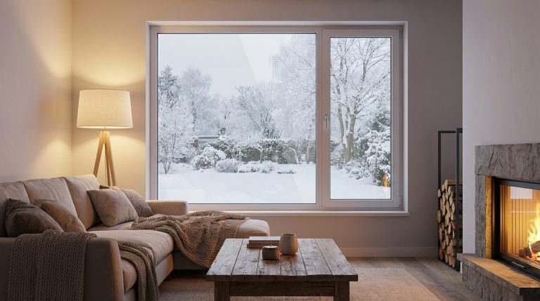 Salon chaleureux en hiver avec fenêtre équipée d'un film anti-froid