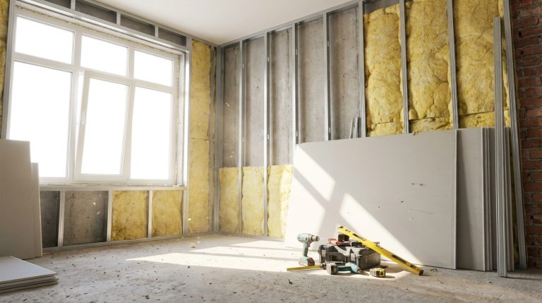 Chantier de rénovation intérieure avec isolation sur ossature métallique et plaques de plâtre
