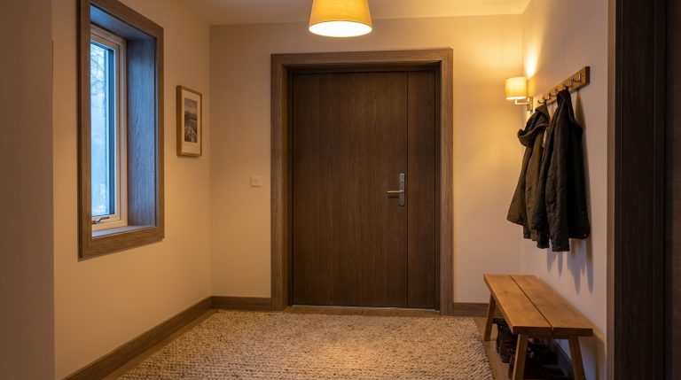 Porte d'entrée bien isolée dans un intérieur chaleureux et confortable