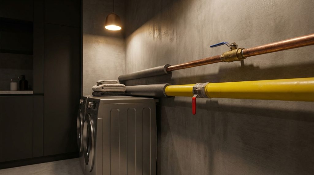 Tuyaux de gaz et de plomberie dans une maison moderne symbolisant la source d'une odeur d'œuf pourri