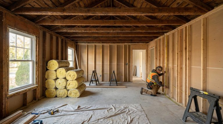 Chantier de rénovation énergétique avec pose d'isolation thermique par un artisan professionnel