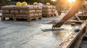 Coulage d'une dalle en béton avec sacs de béton prêt à l'emploi en arrière-plan