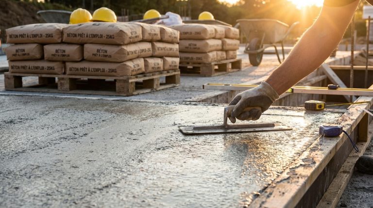 Coulage d'une dalle en béton avec sacs de béton prêt à l'emploi en arrière-plan