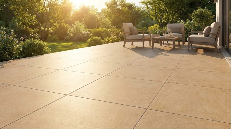 Terrasse extérieure moderne avec carrelage beige et joints parfaitement réalisés