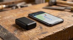 Traceur GPS Trackr posé sur un établi avec smartphone affichant la localisation