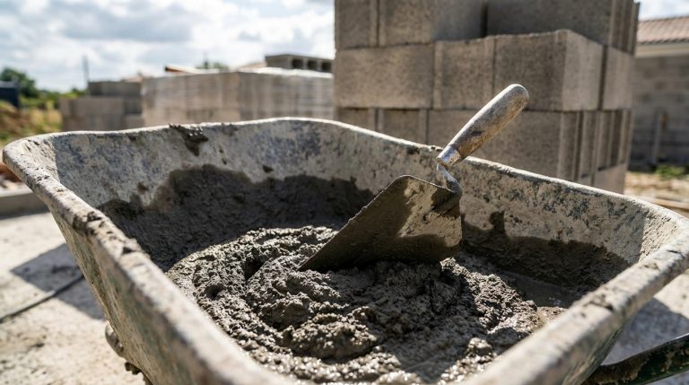 Mélange de mortier ciment pour enduit sur mur en parpaing