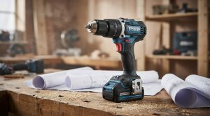 Perceuse visseuse Erbauer 18V EXT sur un établi de menuisier