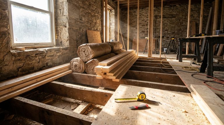 Chantier de rénovation avec solives apparentes et rouleaux d'isolant