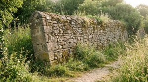 Mur en pierre ancien qui penche dans un jardin verdoyant