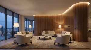 Intérieur moderne avec mur courbe en placage bois haut de gamme