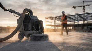 Ponceuse à béton professionnelle en action sur un chantier