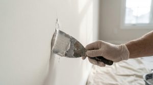 Application enduit de rebouchage sur mur blanc avec couteau à enduire