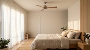 Chambre confortable avec ventilateur de plafond en marche et porte fermée