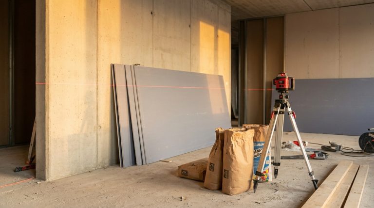 Chantier de rénovation avec plaques de plâtre et matériel de collage sans rail