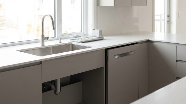 Cuisine moderne avec évier inox et lave-vaisselle intégré