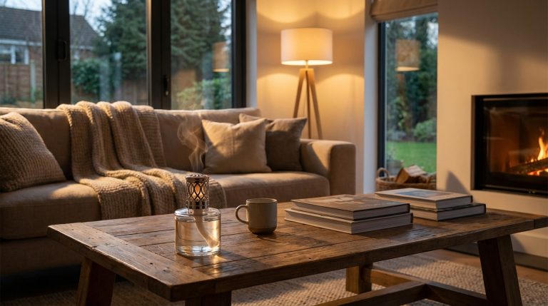 Lampe à catalyse posée sur une table de salon dans un intérieur moderne