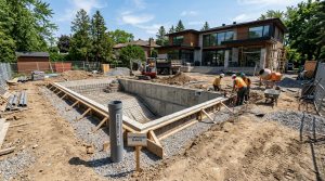 Chantier de construction d'une piscine moderne avec un puits de décompression visible