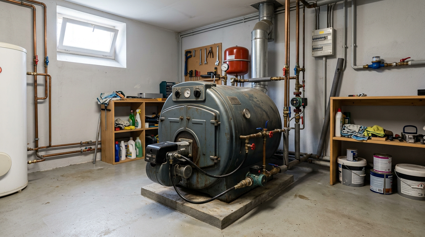 Chaudière fioul De Dietrich année 1990 en fonte installée dans une chaufferie