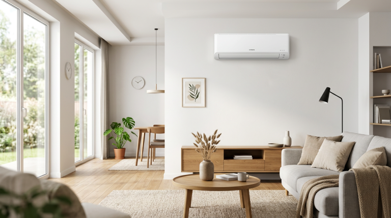 Climatiseur mural Hitachi dans un salon moderne