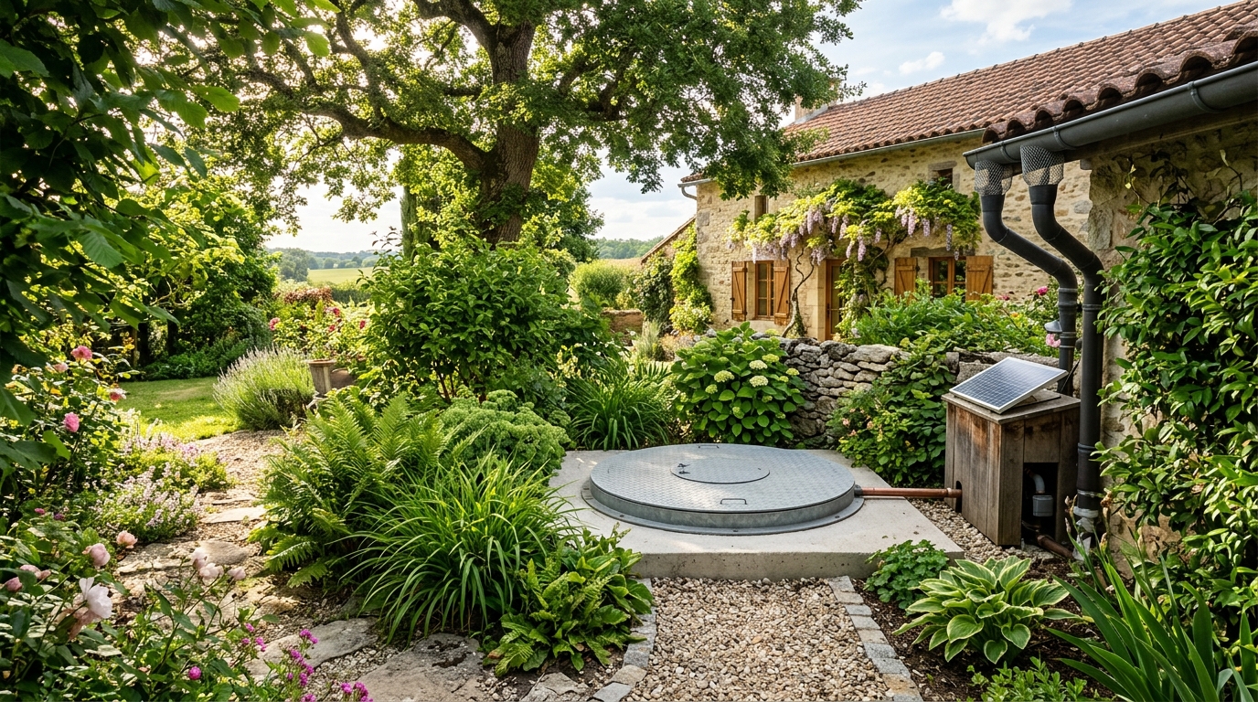 Cuve à fioul transformée en récupérateur d'eau de pluie dans un jardin verdoyant