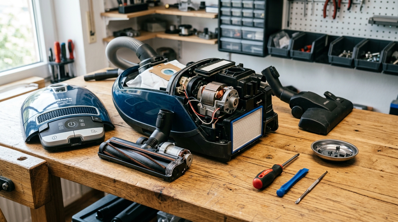 Aspirateur Miele Complete C3 partiellement démonté sur un établi avec des outils de réparation