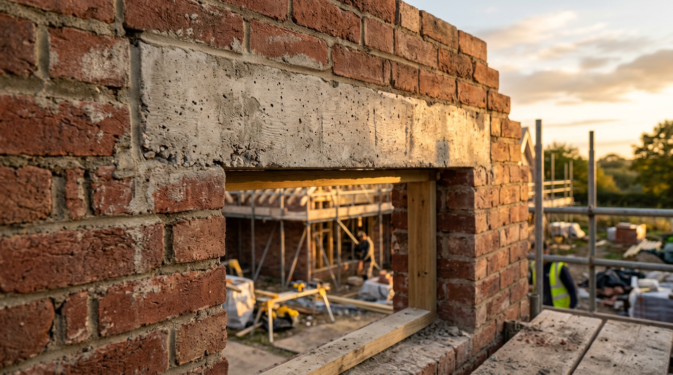 Linteau de fenêtre en béton armé sur mur en briques