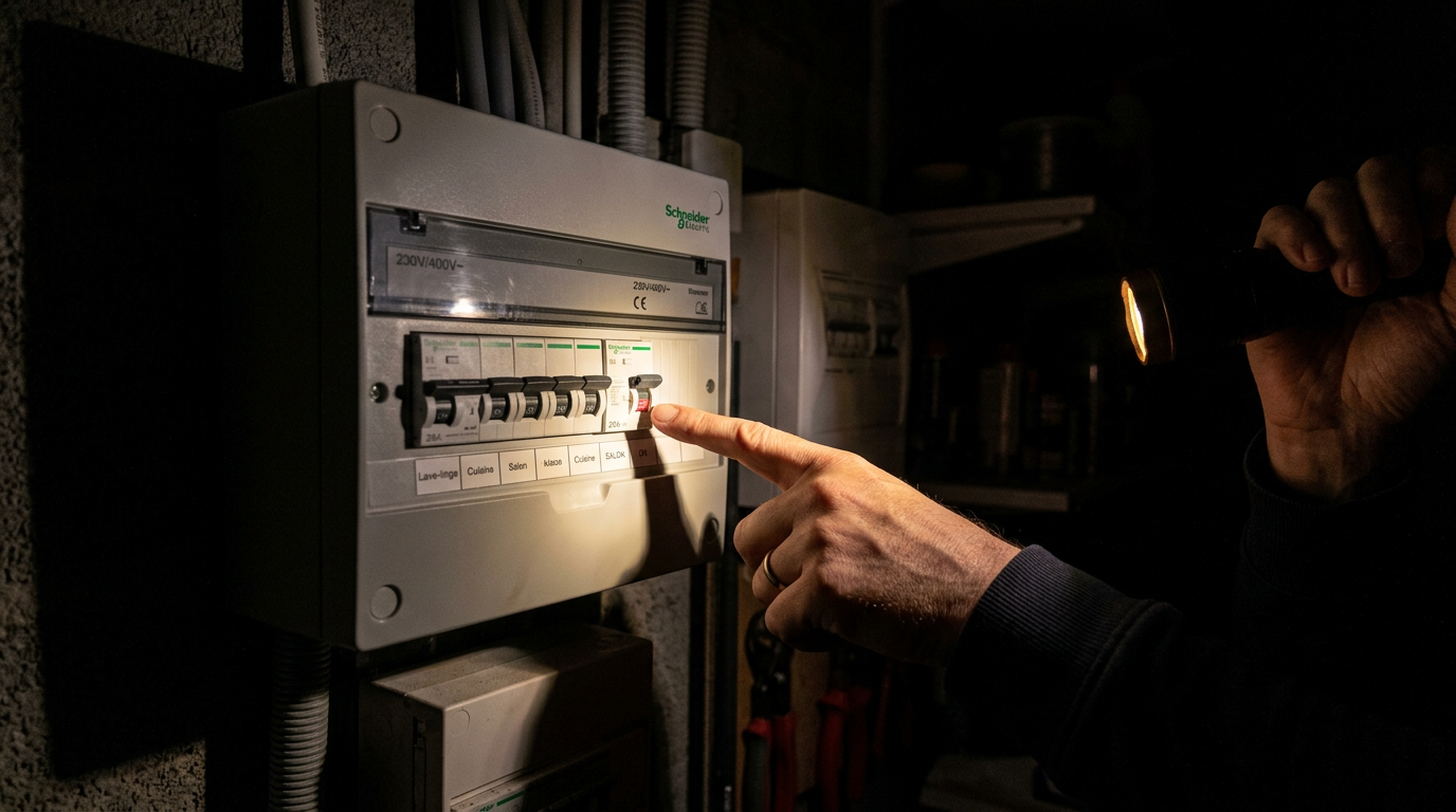 Tableau électrique avec disjoncteur enclenché dans une pièce sombre