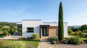 Magnifique cyprès Totem planté près d'une maison moderne sous un ciel bleu