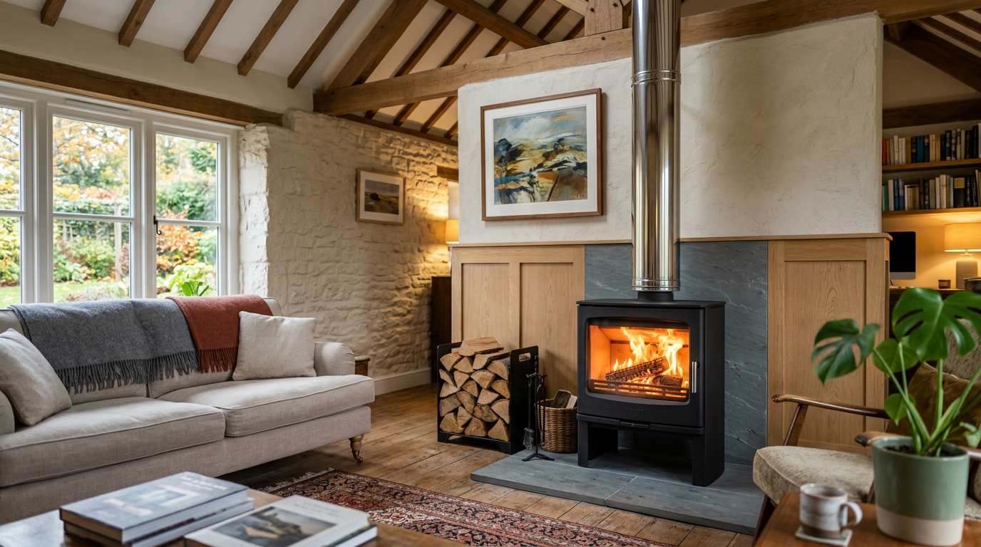 Poêle à bois moderne avec un conduit en inox propre et sécurisé dans un salon