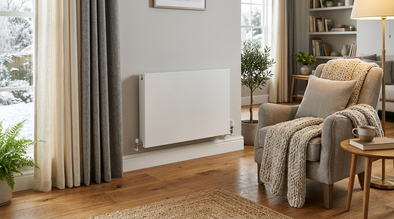 Radiateur moderne blanc dans un salon chaleureux