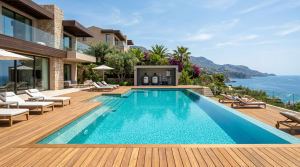 Piscine moderne avec eau cristalline après rénovation du système de filtration
