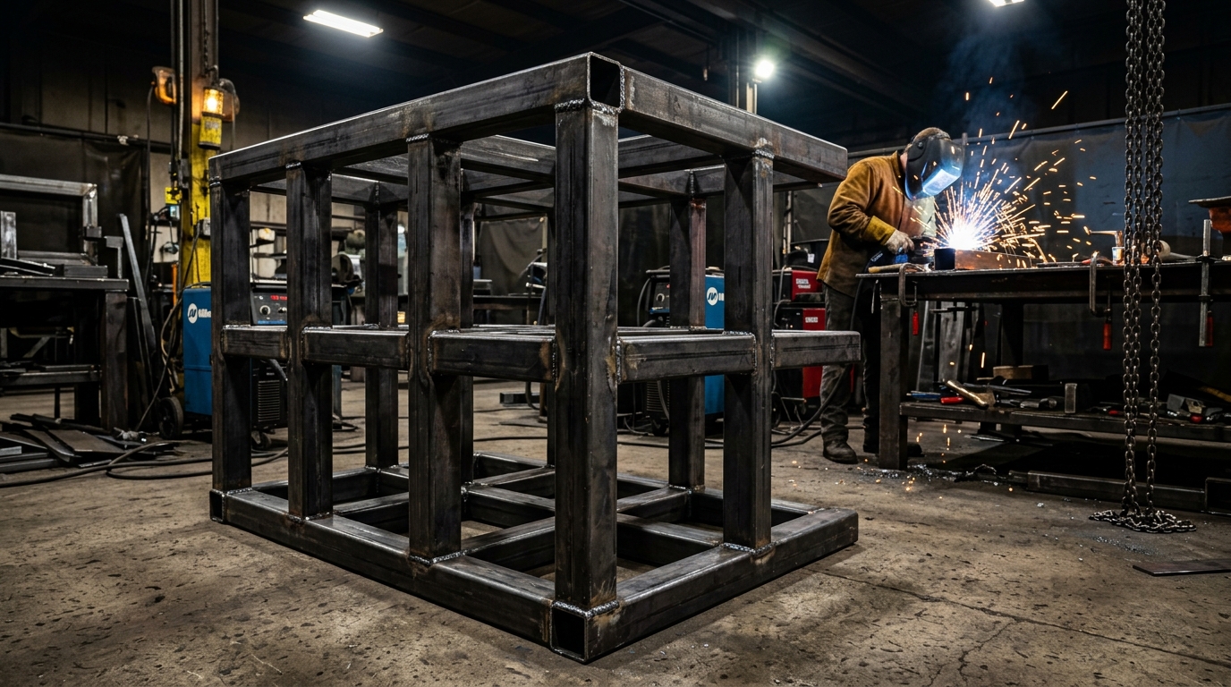 Structure robuste en tube carré acier 40x40 dans un atelier industriel
