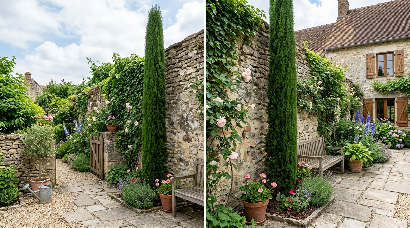 Cyprès colonnaire à croissance verticale le long d'un mur de jardin