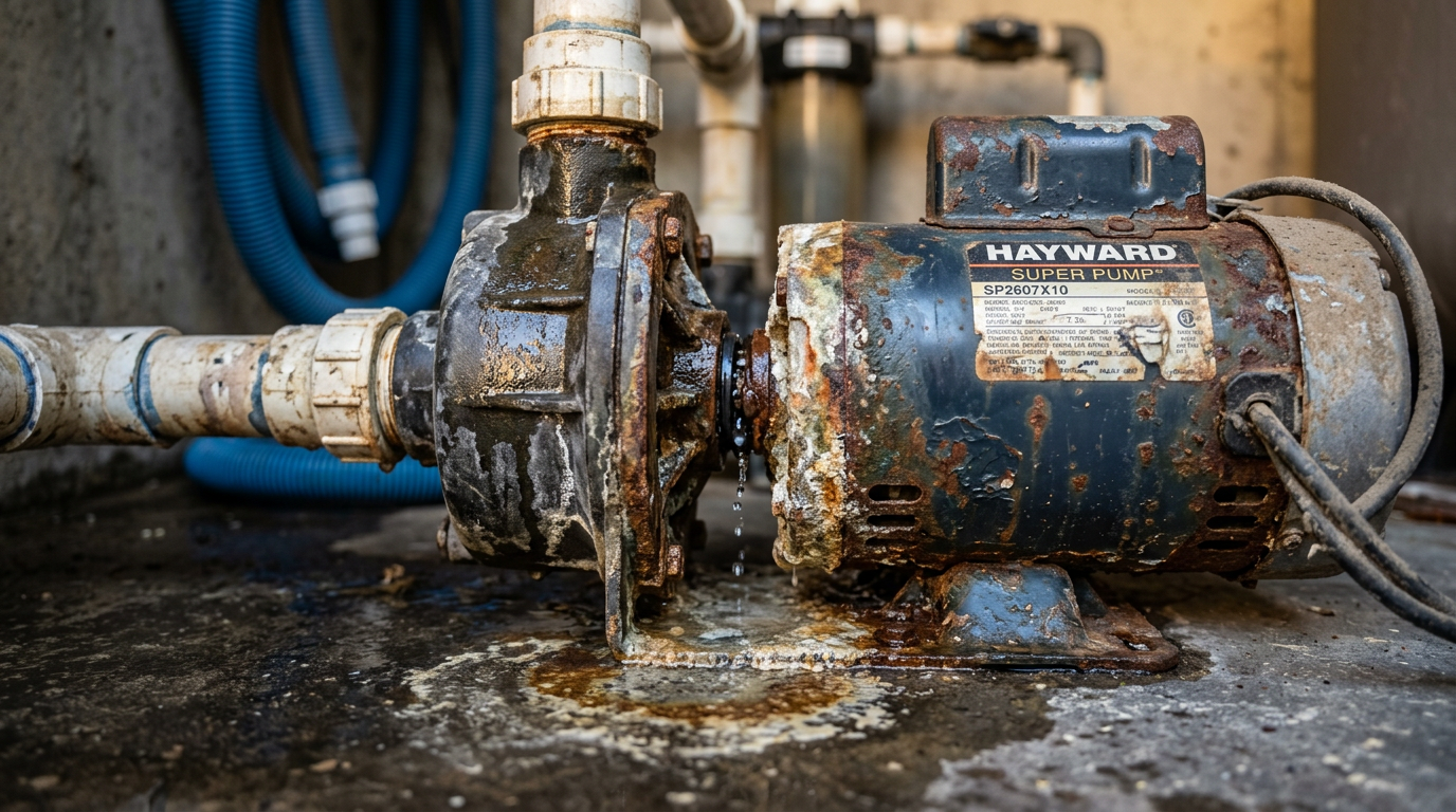 Moteur de pompe piscine présentant des signes de fuite et de corrosion