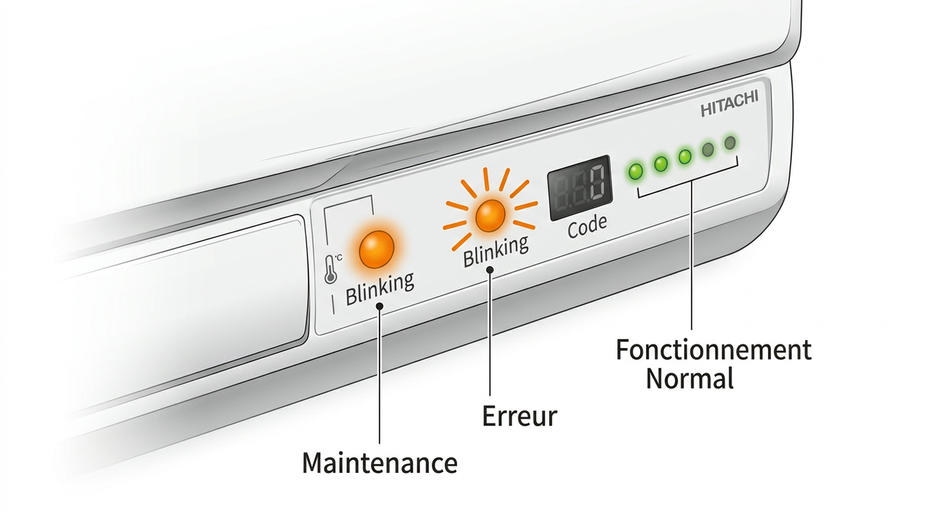 Schéma diagnostic voyant orange fixe vs clignotant climatisation Hitachi