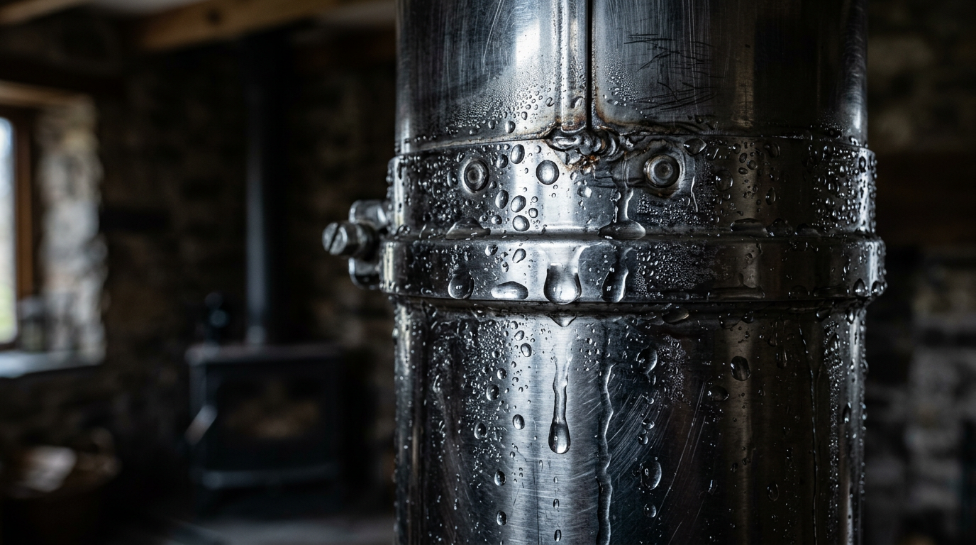 Gouttelettes d'eau de condensation sur un tuyau de poêle en métal