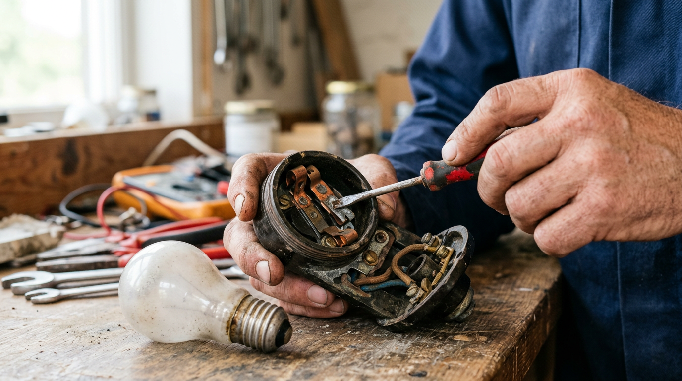 Inspection d'une douille d'ampoule oxydée avec un tournevis