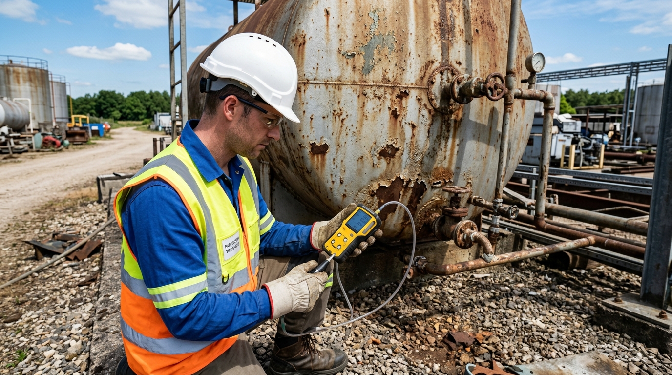 Technicien professionnel inspectant une ancienne cuve à fioul avec un explosimètre